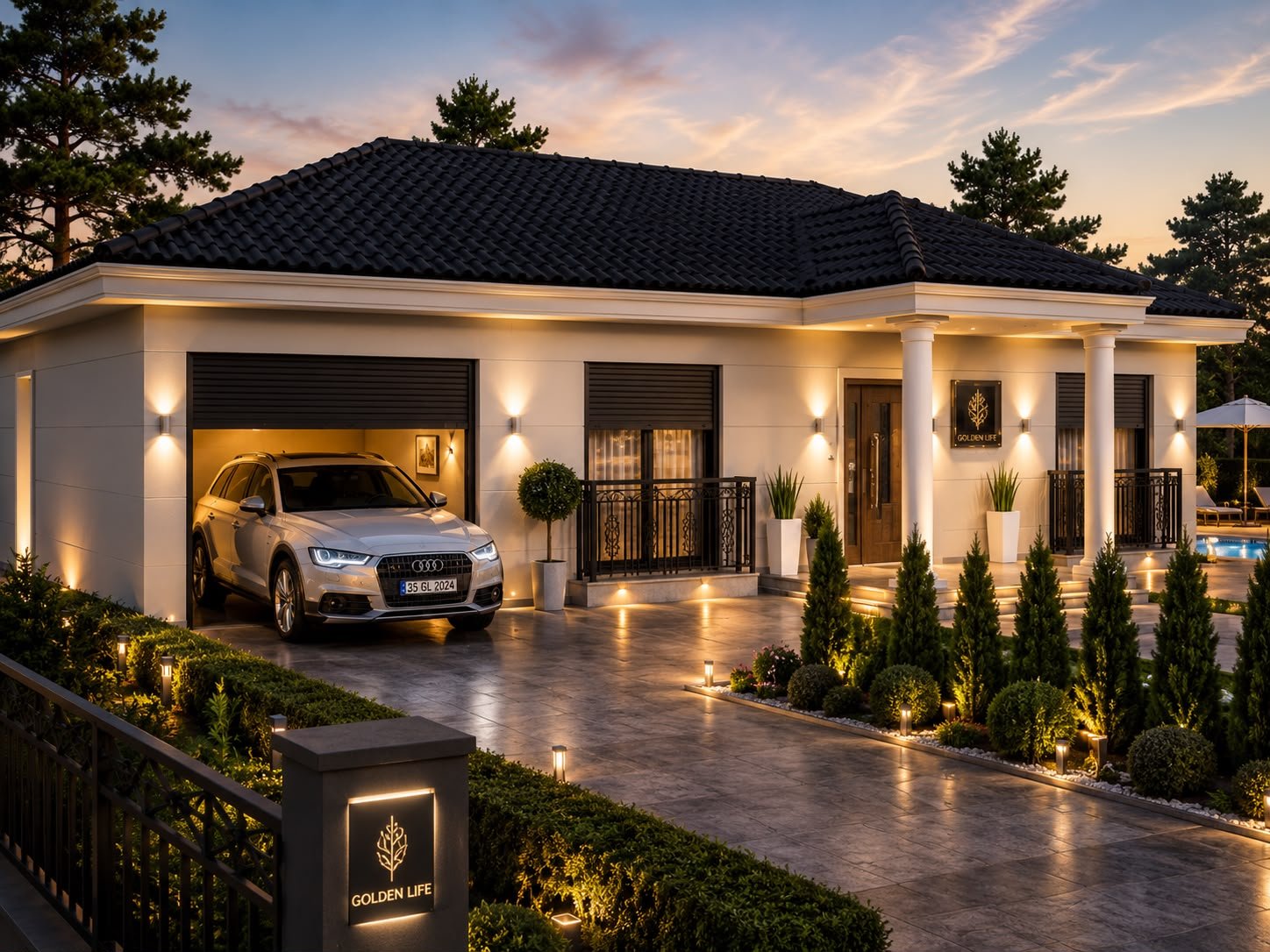 Golden Life Riyan Villa giriş ve otopark alacakaranlıkta